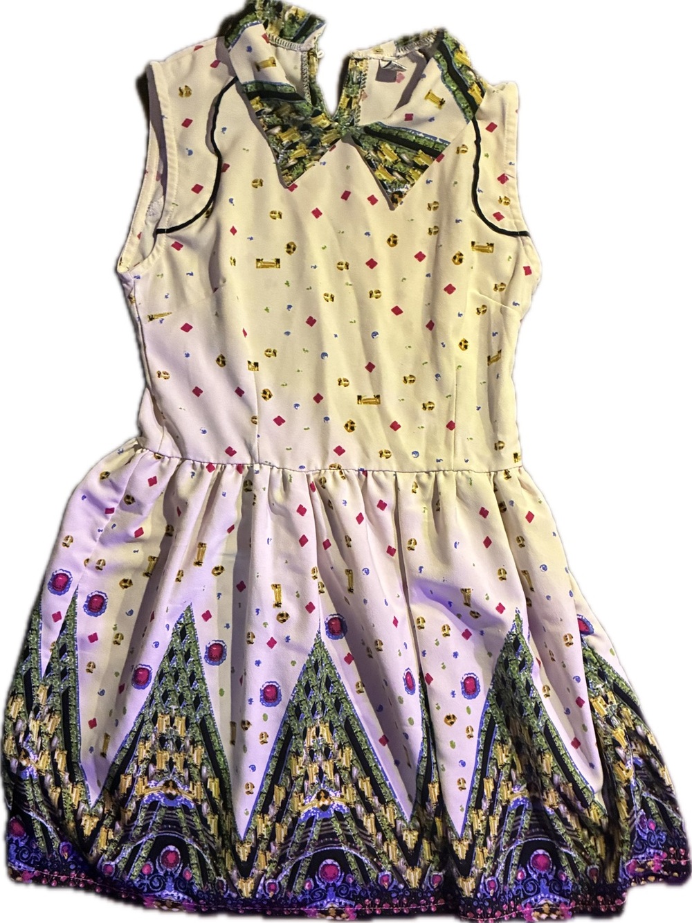 Womens Patterned Sleeveless Dress - Cream with Multicolor Accents